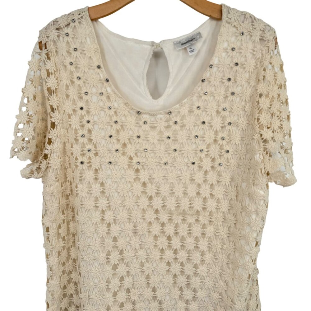 Dressbarn Women's size XL ivory Floral Lace Top  Rhinestone short sleeve - Picture 8 of 11